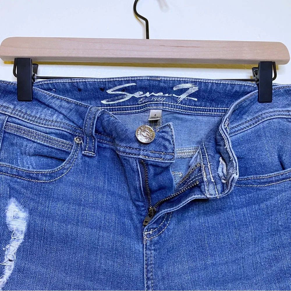 Seven7 Medium Wash Distressed Ripped Cuffed Bermuda Denim Jean Shorts - 4